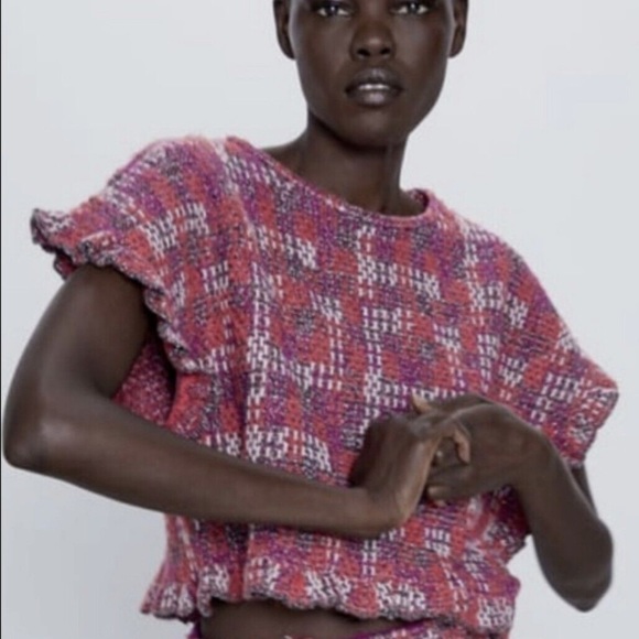 Zara Red Tweed Crop Top M - Picture 2 of 8